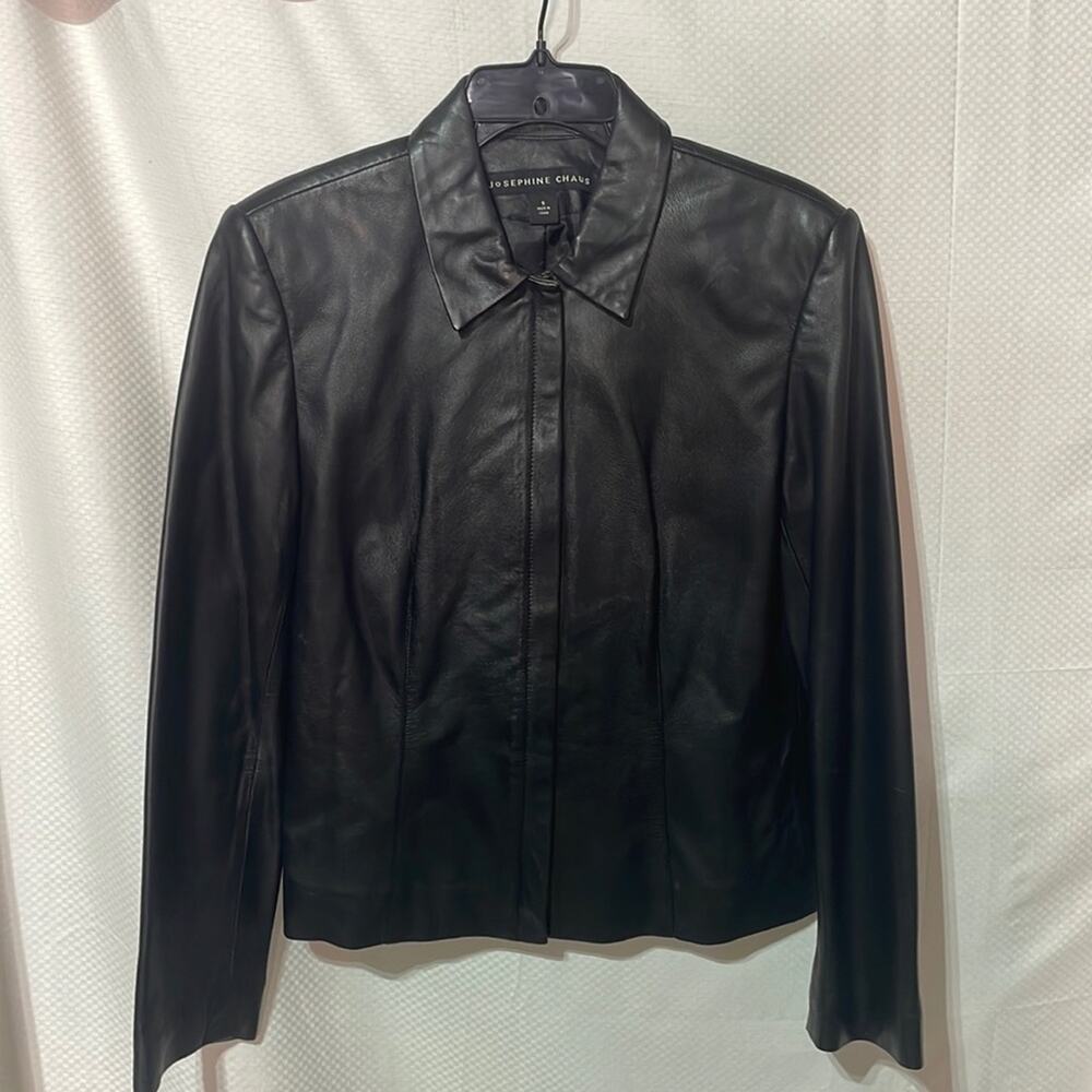 Josephine Chaus S black simple front zip all leather jacket pockets lined euc